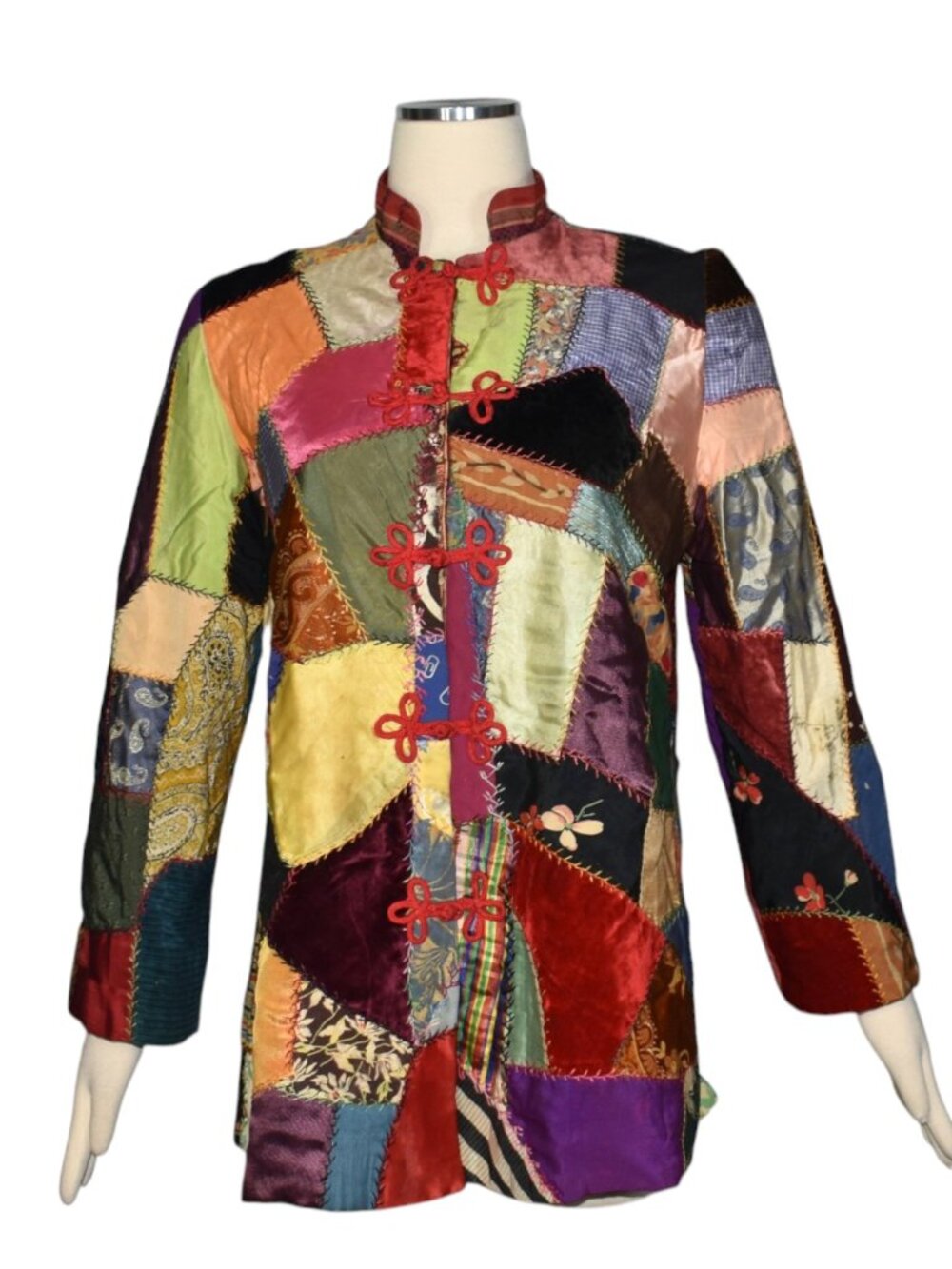 Vintage Crazy Quilt Patchwork Jacket Multicolor Frog Closures Wearable Art M